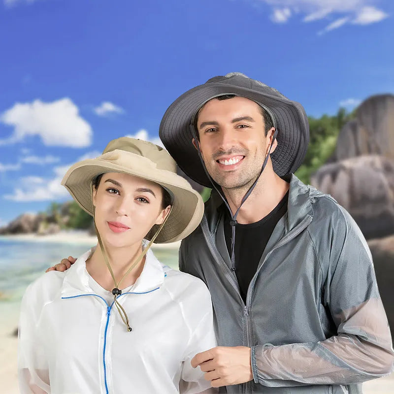 Wide brim nylon flat top sun hat in size L 58-60cm, shown as an outdoor cap with sun protection functions