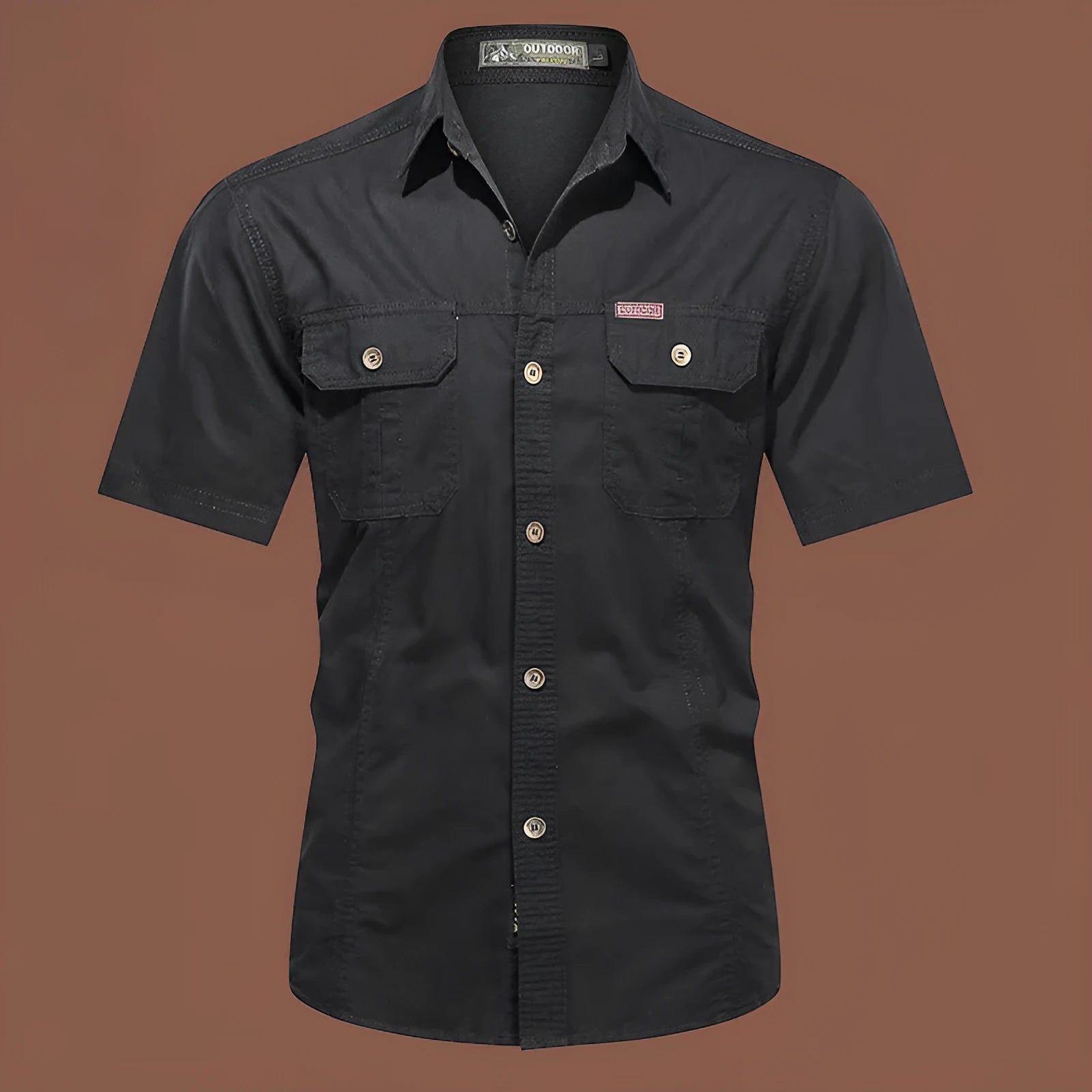 Men's loose beige cotton short sleeve cardigan-style work shirt on a hanger.