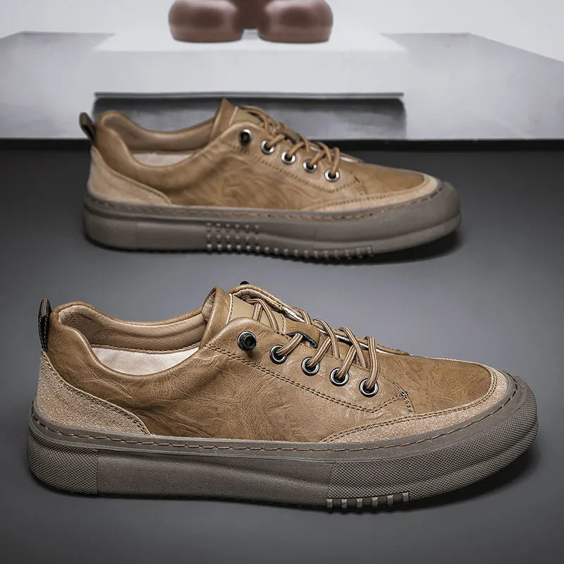 Men's black round toe leather lace-up casual shoes with rubber sole