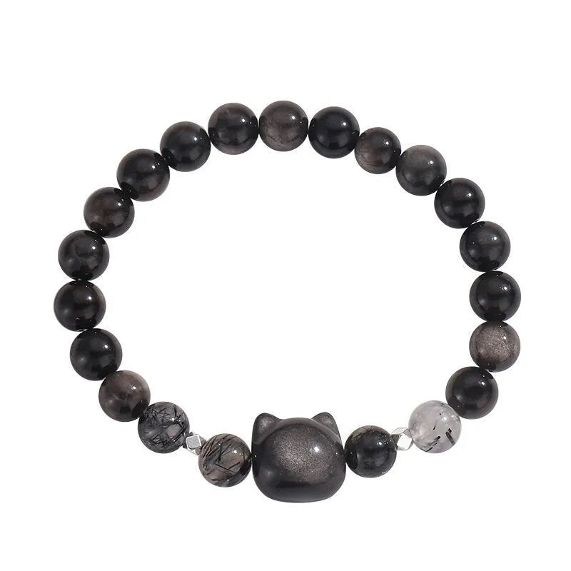 Women's obsidian cat couple bracelet with electroplated finish in silver or white agate colour