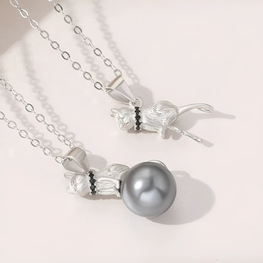 925 sterling silver cat pendant necklace with electroplated finish, shown as single pendant and with chain
