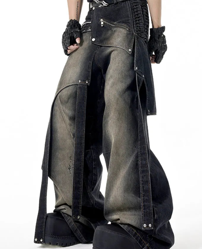 Original Niche deconstruction worn cotton jeans with zipper front in a youthful style