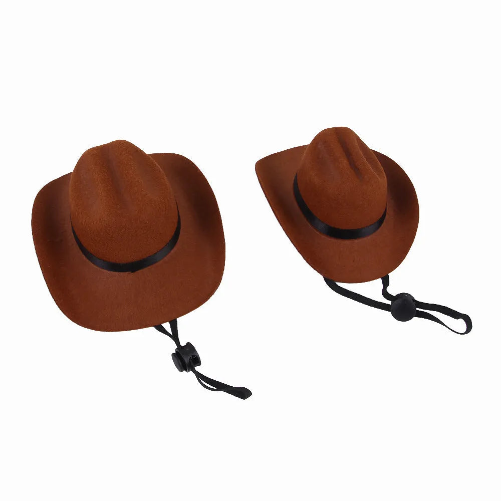 Adjustable pet cowboy hat in four colours on dog model showing size proportions