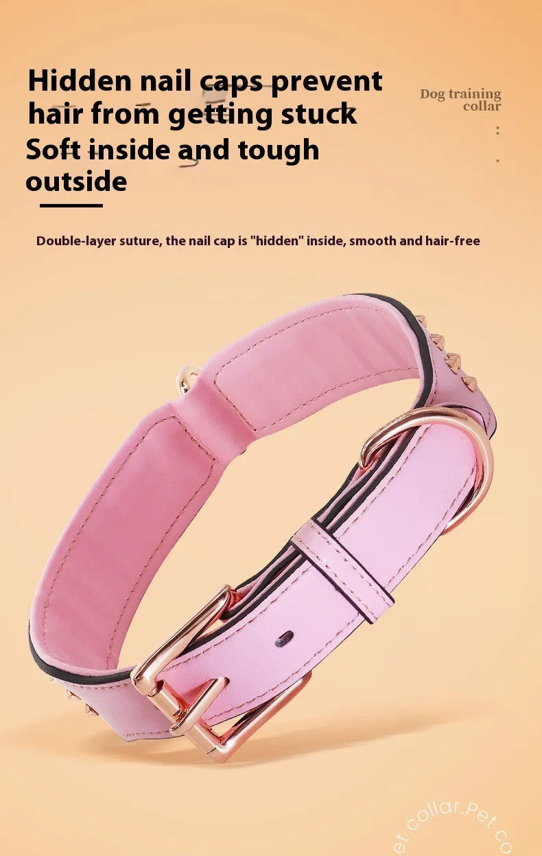 Leather dog collar with metal rivets in black, chocolate, or pink colour.