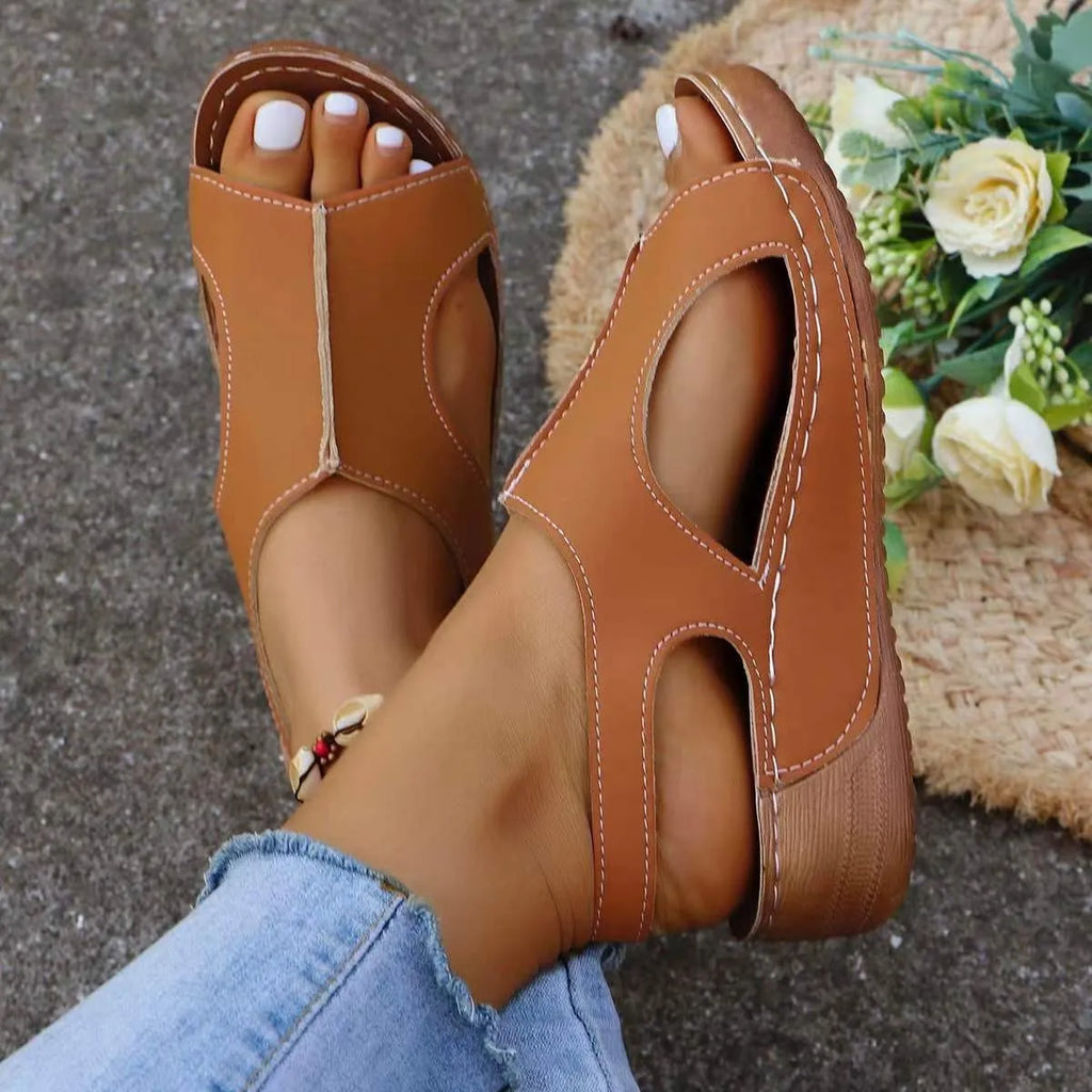 Women's casual wedges sandals with elastic band and fish mouth toe in recycled leather