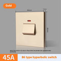 Gold coloured high-current double-break wall switch with illuminated light panel.