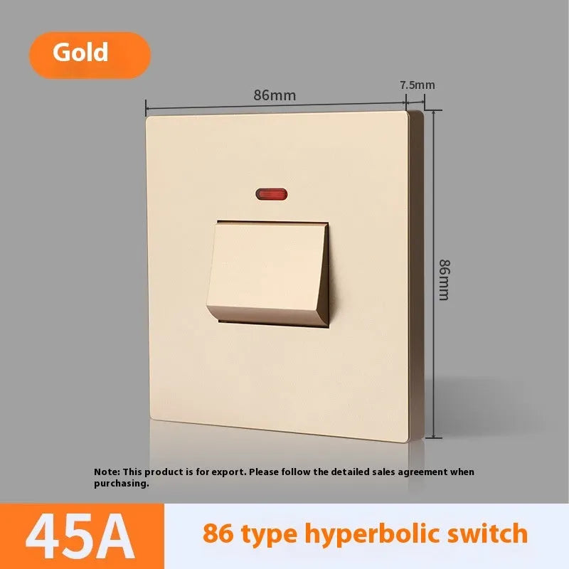 Gold coloured high-current double-break wall switch with illuminated light panel.