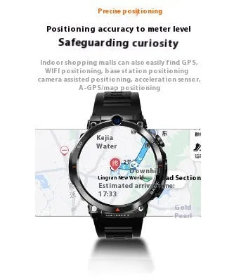 Sports smartwatch with dual cameras on wrist, showing touch screen displaying fitness stats.