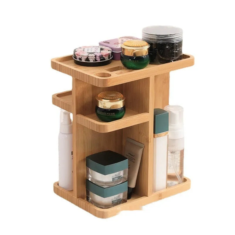 Bamboo rotary storage rack with multiple shelves showing 18 litre capacity