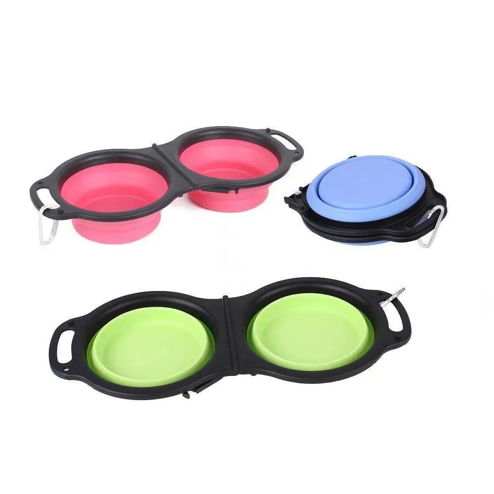 Folding silicone double pet bowl shown in expanded and collapsed positions with anti-slip base