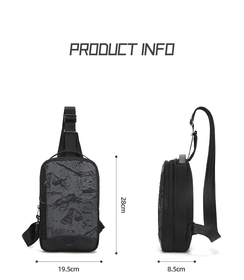 Casual black TPU camouflage chest bag with a single shoulder strap and soft handle, showing a square vertical shape and outer sandwich pocket.