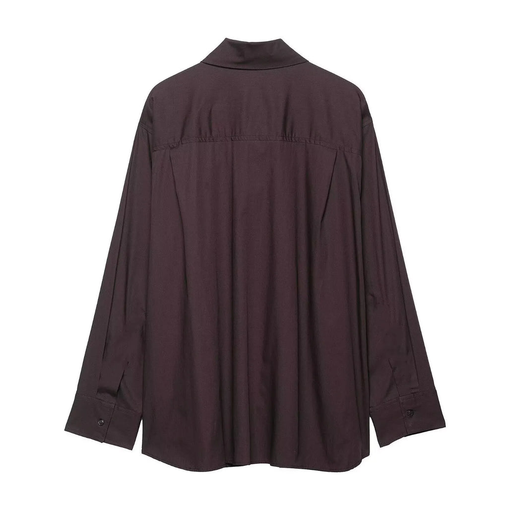 Brown women's poplin shirt with bow tie scarf detail, loose fit design