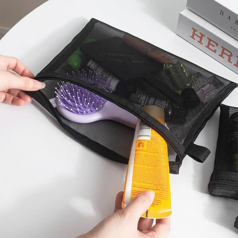 Transparent nylon mesh cosmetics storage bag with zipper in three sizes