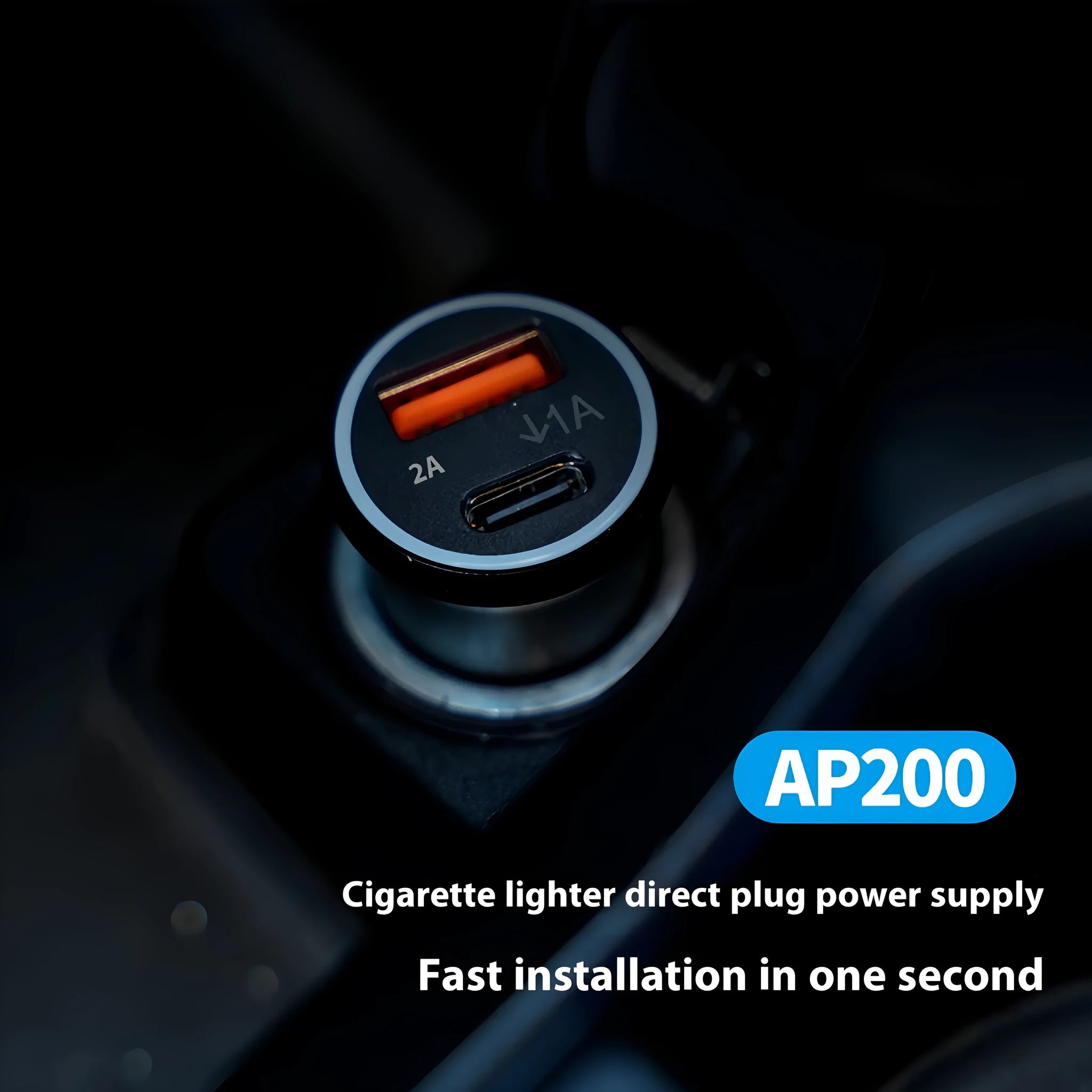 Black plug-in GPS car tracker with magnetic base, shown inserted into a vehicle's 12V lighter socket.