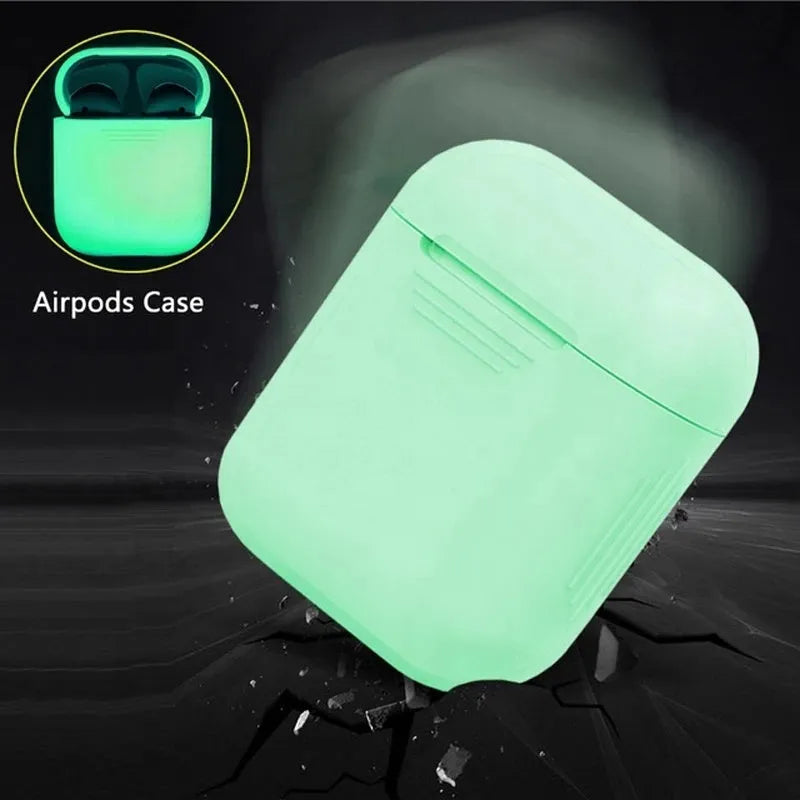 Luminous blue silicone flip-open protective case for Apple AirPods charging case on a dark background.