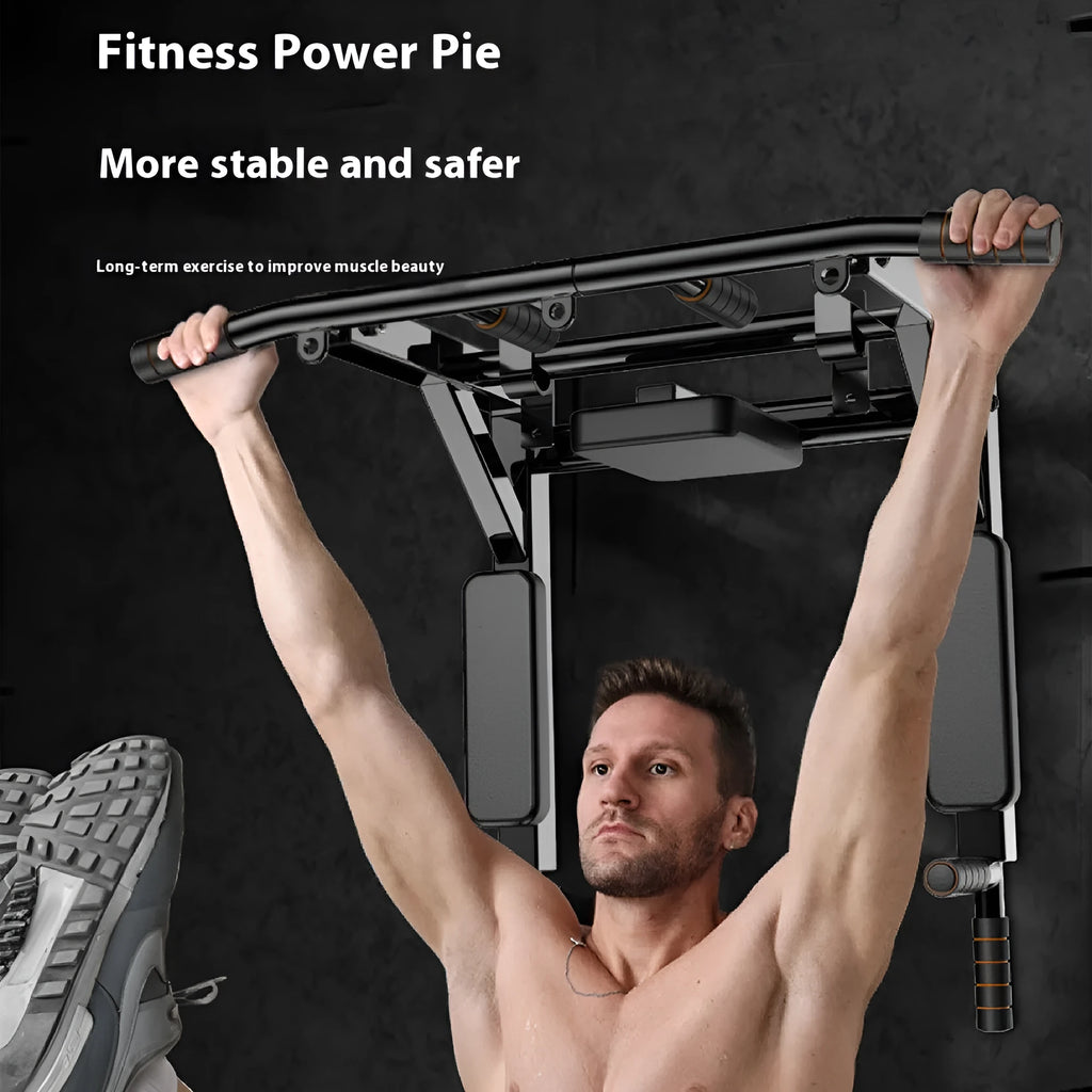 Black wall-mounted fitness station with sandbag rack, parallel bars, and a pull-up bar.