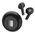 White Wireless Budz5 semi-in-ear Bluetooth earbuds sitting in an open black charging case on a table.