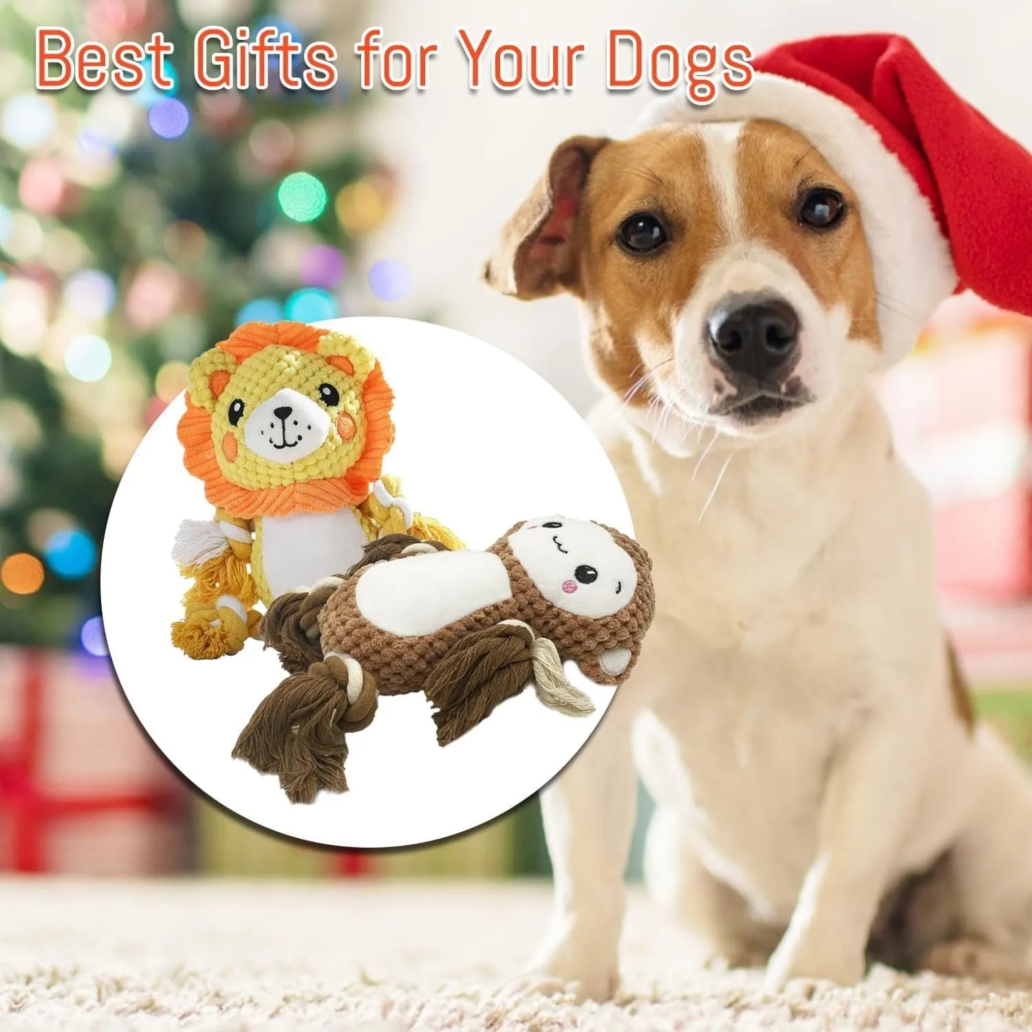 Lion and monkey stuffed squeaky plush dog toys for medium and large breed dogs.