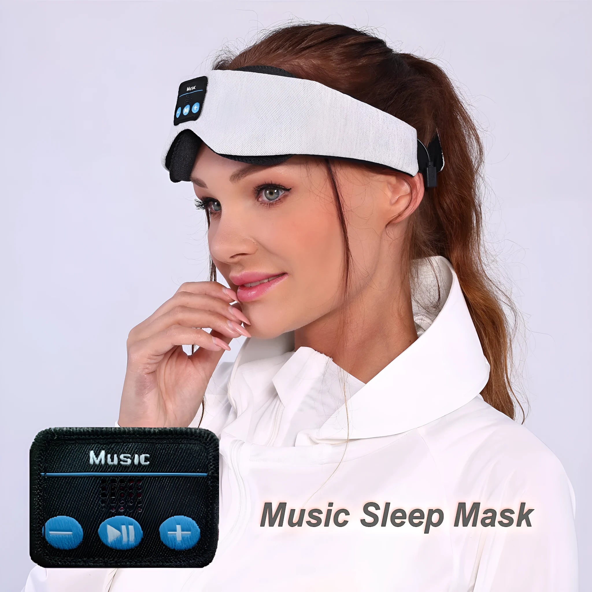 Grey outline Bluetooth sleeping eye mask with long eyelashes design on a polyester fabric.