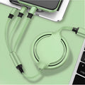 Multifunctional liquid silicone three-in-one charging cable 1.2m with Micro USB Type-C and Apple connectors in green