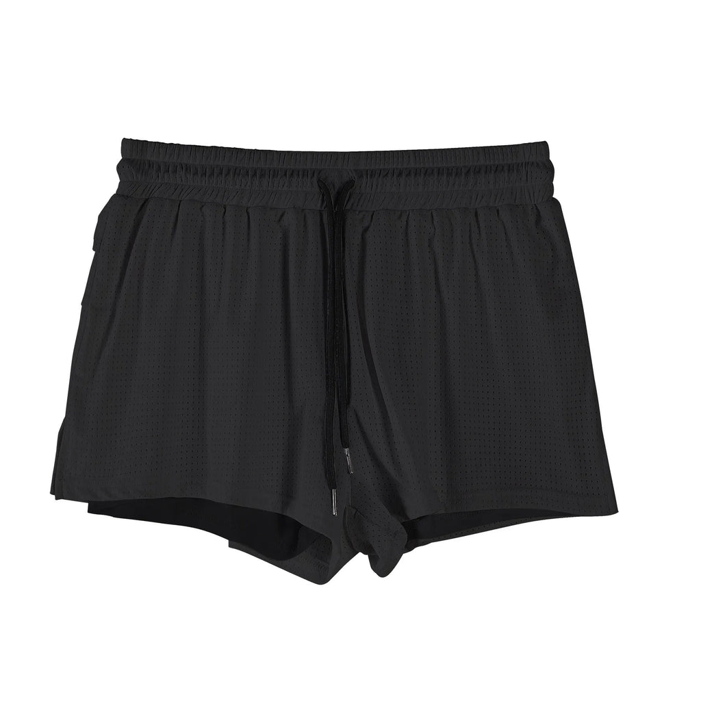 Men's black and white quick-drying nylon summer shorts laid flat, showing mid-waist and short length design.