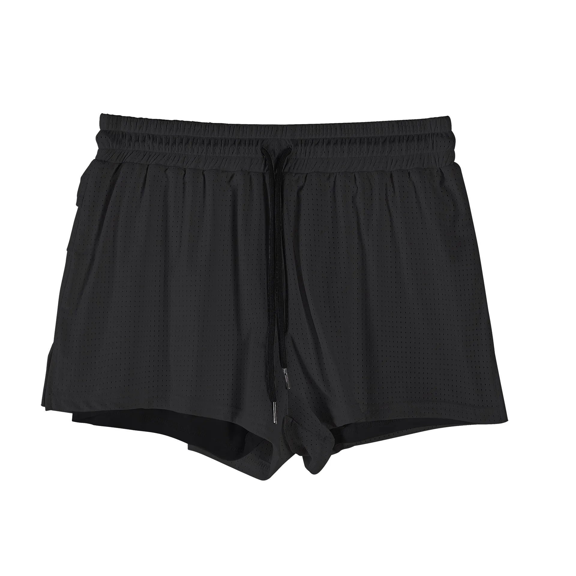 Men's white quick-drying nylon summer shorts laid flat, showing mid-waist design.