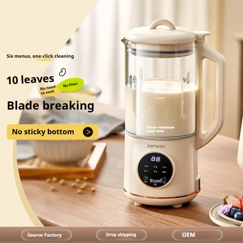 Milky white automatic soybean milk maker with glass body and touch control panel.