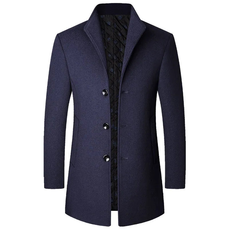 Men's wool-polyester blend solid colour casual coat for autumn and winter, front view