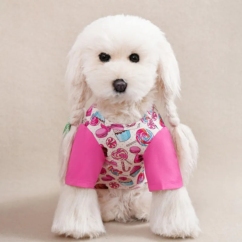 Casual printed polyester T-shirt for a small dog on a green background, showing the colourful design.