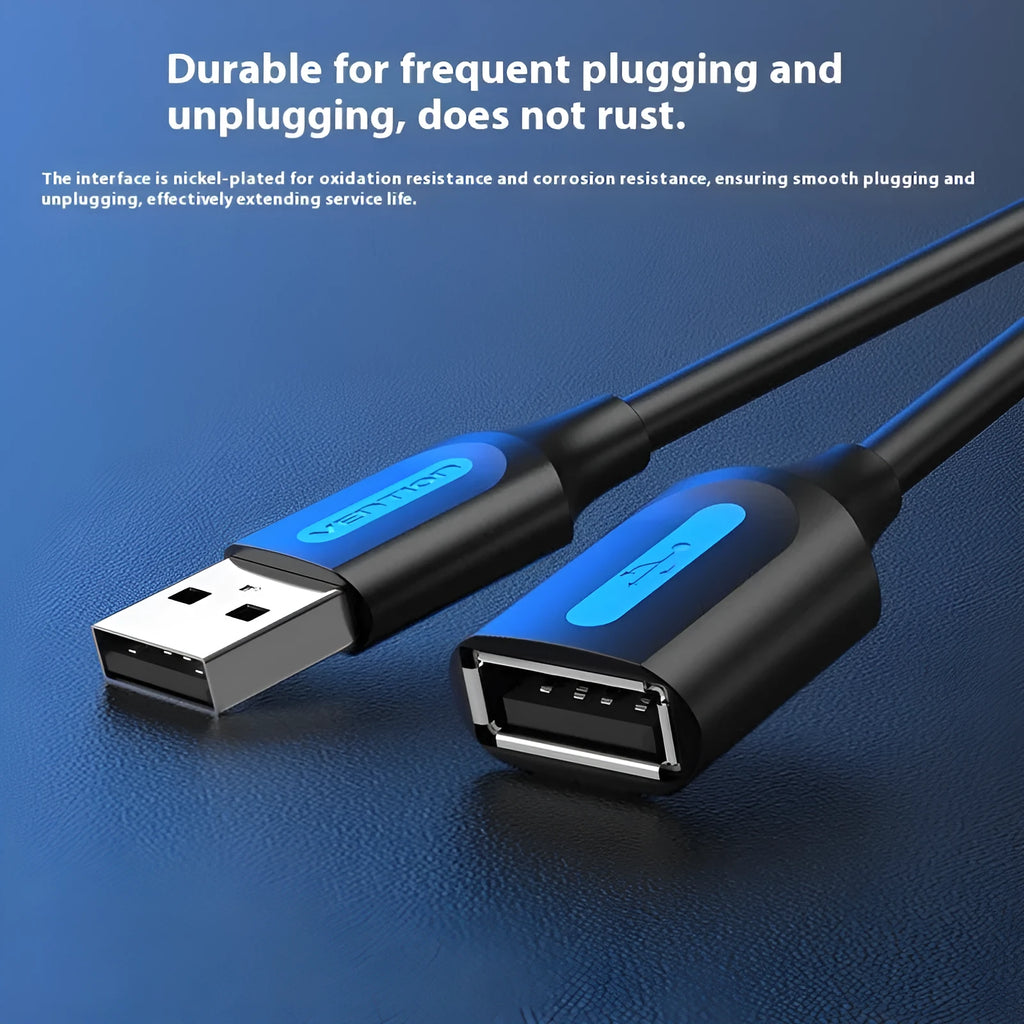 Black USB A Male to AM extension cable with straight head connectors showing length options from 0.5 to 5 metres