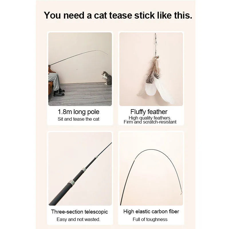 Extendable cat-teasing stick with 180cm rod, feather replacement head, bells, and fishing line on a plain background
