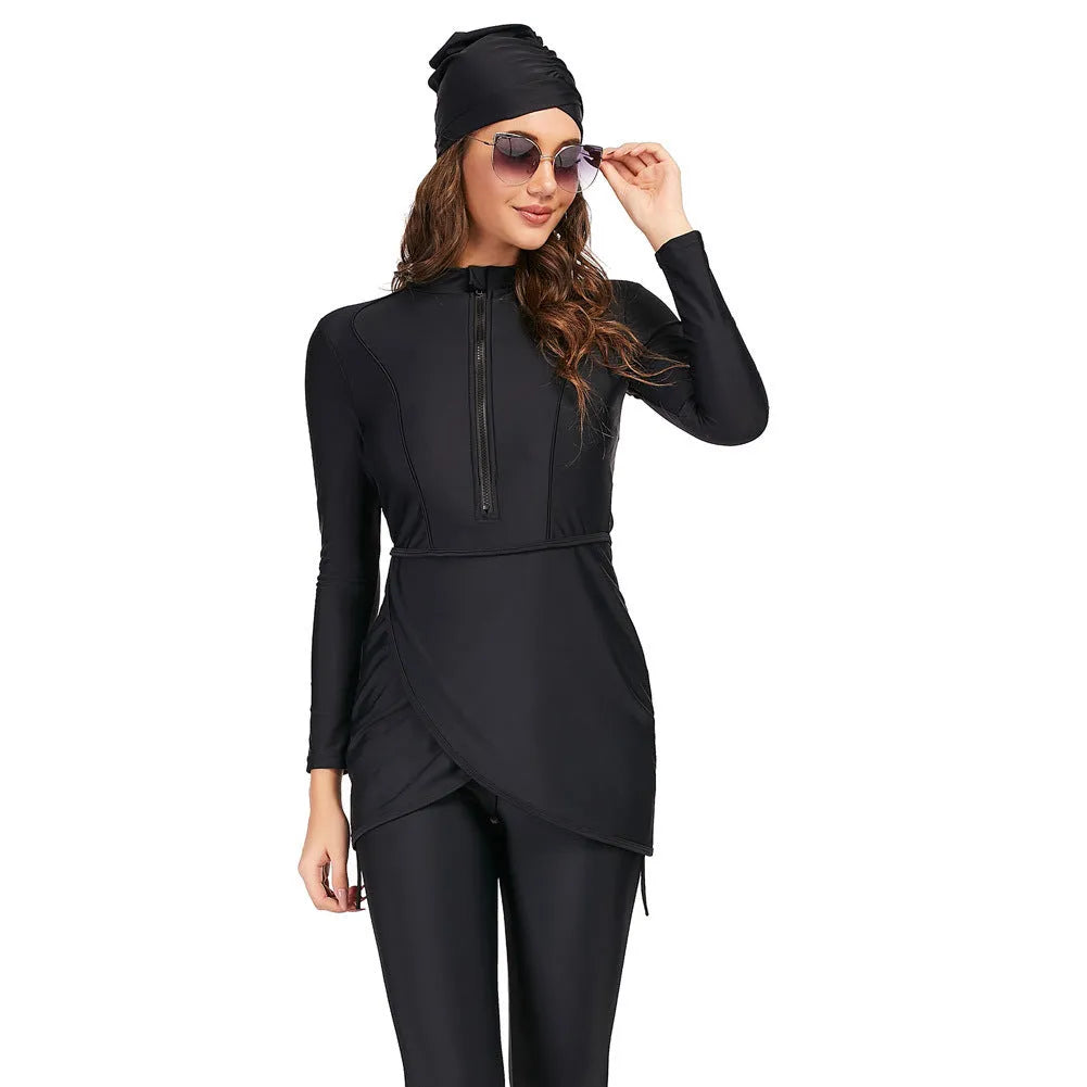Black conservative Muslim ladies swimsuit burkini with full coverage design