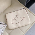 Fat cat embroidered design on a grey nylon laptop protective sleeve with a black zipper.