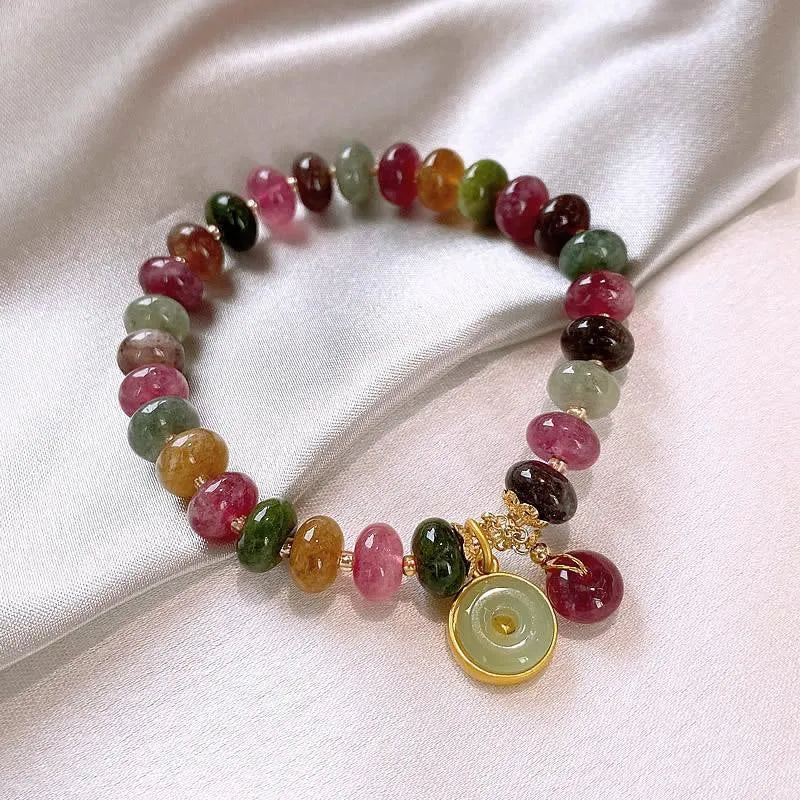 Handmade colourful tourmaline bracelet with rabbit pendant and round abacus beads