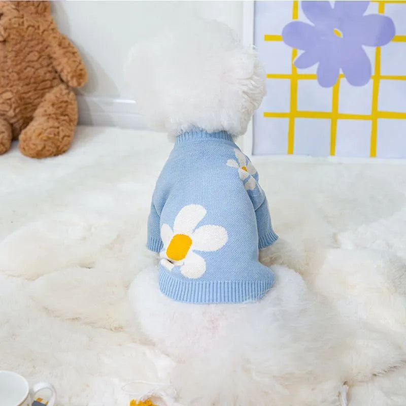 Small dog wearing blue polyester autumn clothing with weight-based sizing from XS to XL