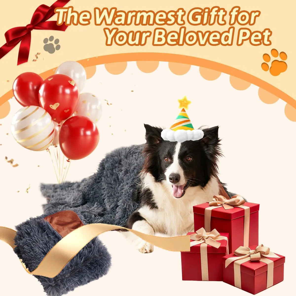 Grey velvet and plush pet blanket laid on a sofa, showing its soft texture and size.