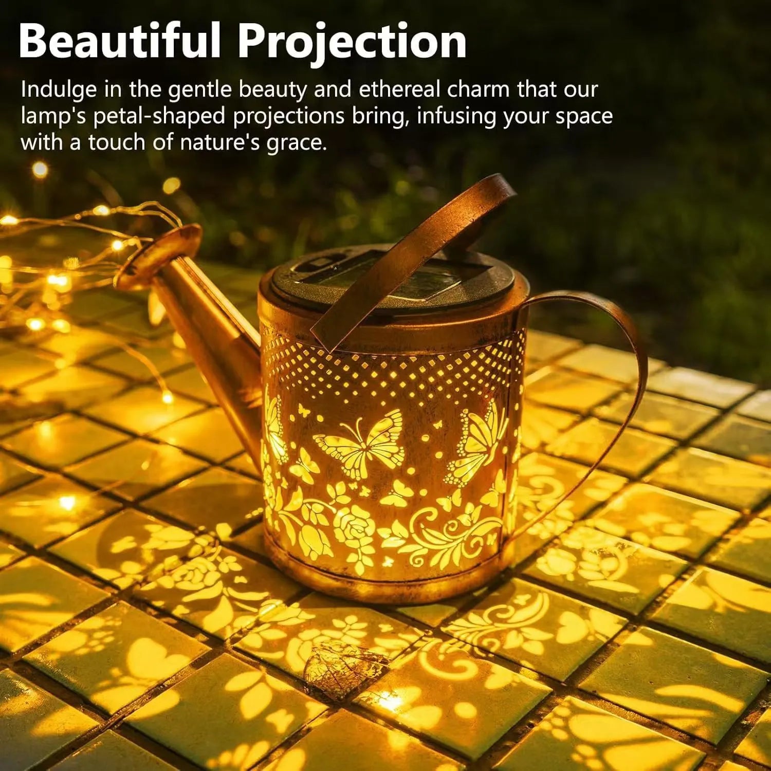 Solar-powered butterfly kettle light with wrought iron construction for outdoor courtyard decoration