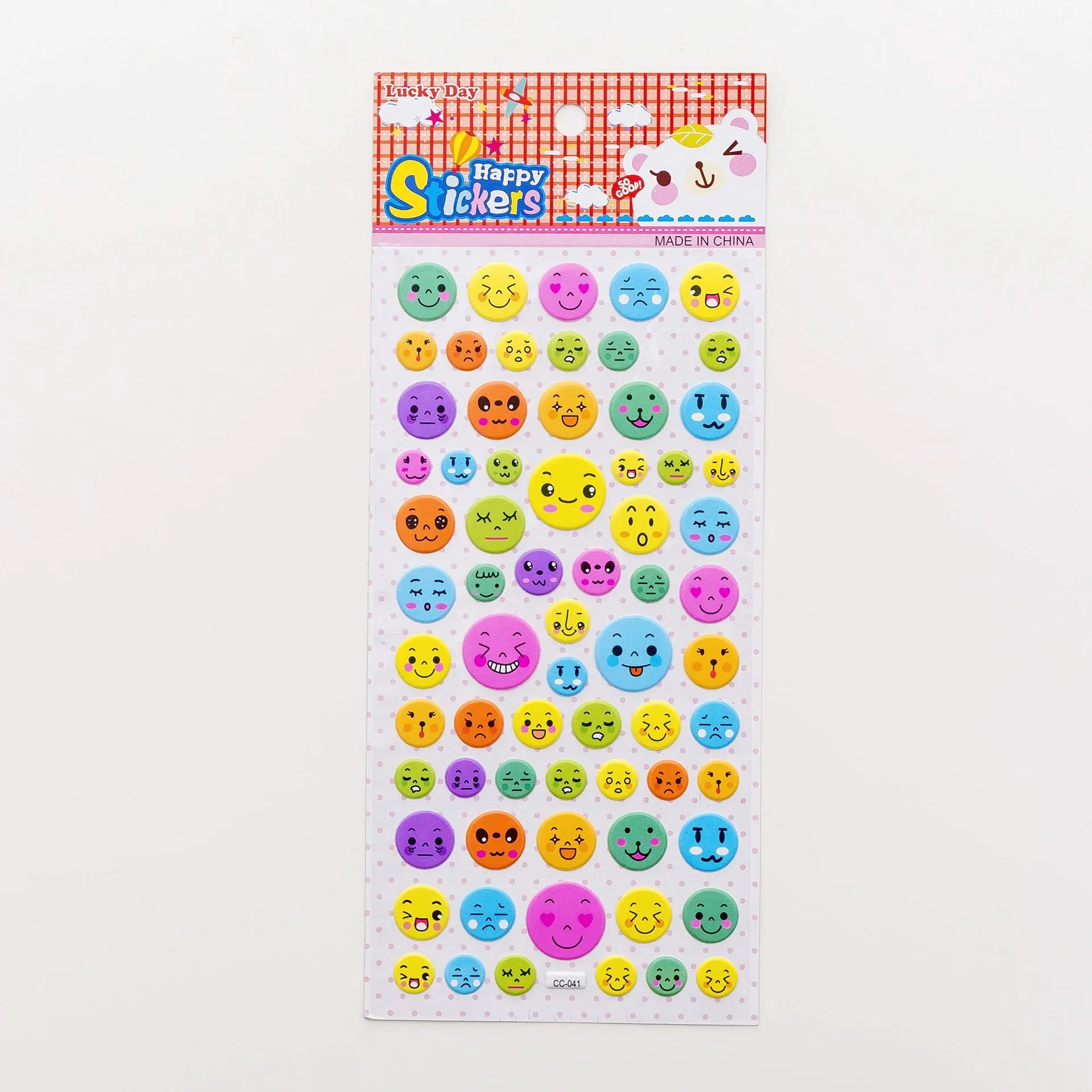 Sheet of cartoon-themed three-dimensional bubble stickers with raised surfaces on various designs like an alpaca, dinosaur, and bow tie cat.