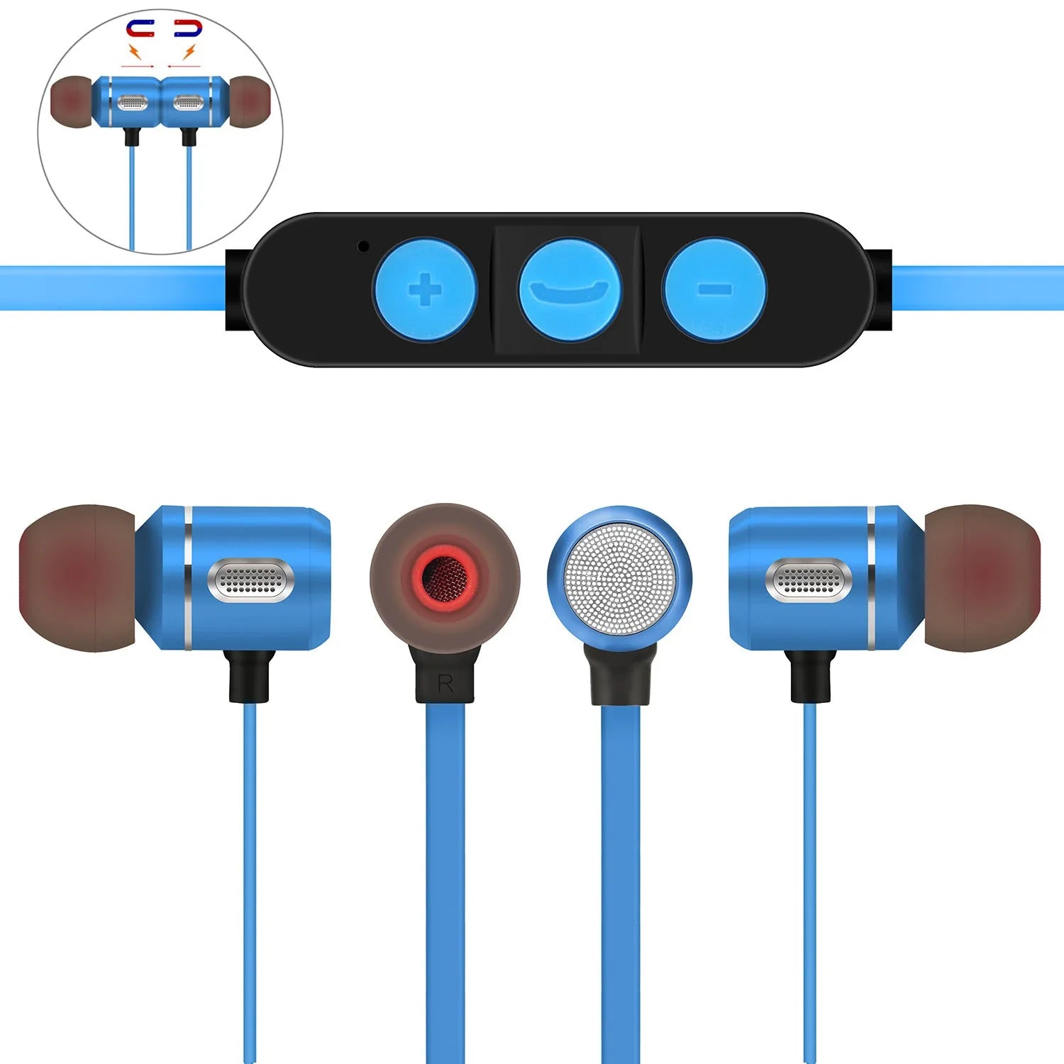 AX-09 magnetic sports Bluetooth headset in blue with ear caps and USB cable
