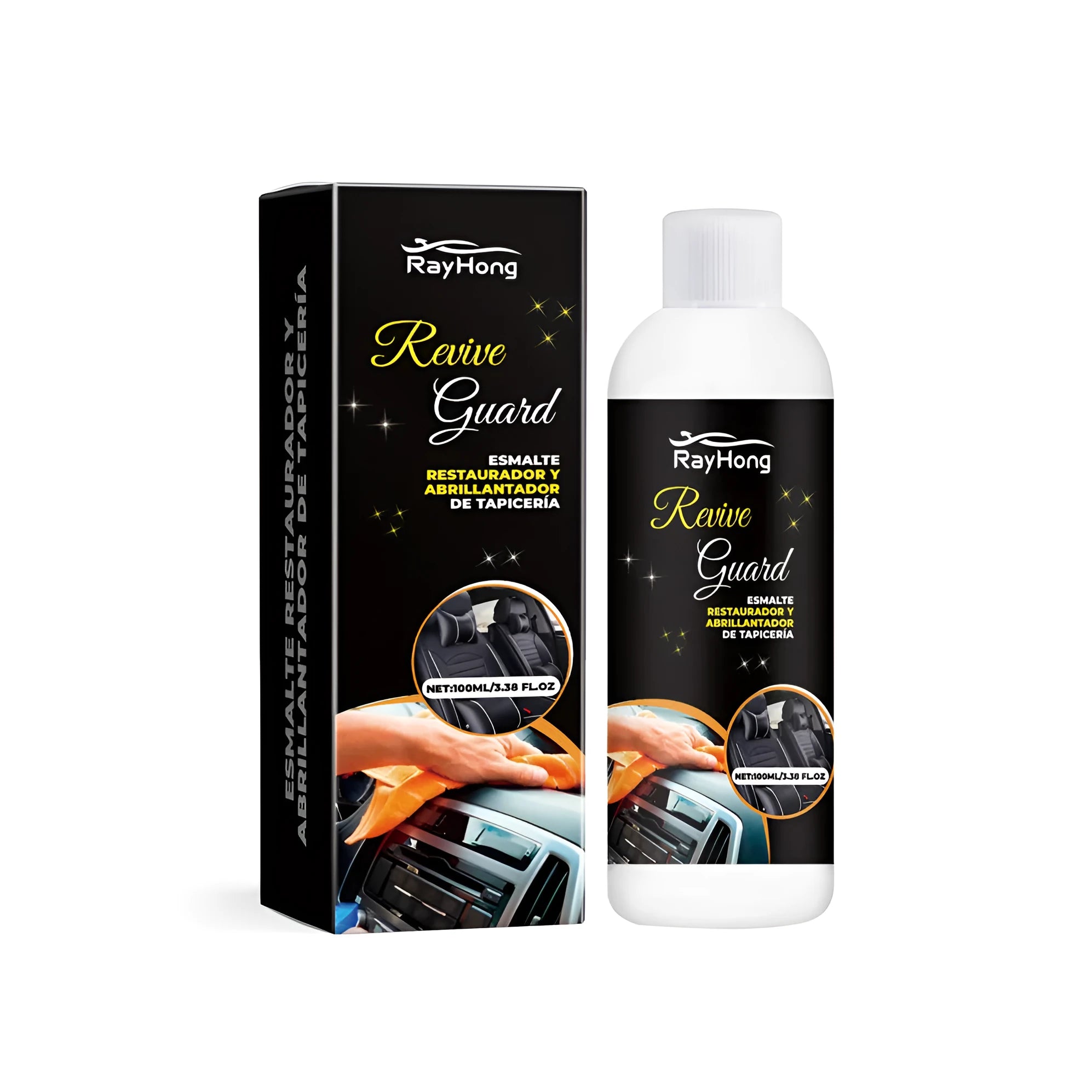 Bottle of car interior polish with attached black sponge, shown on a car dashboard.