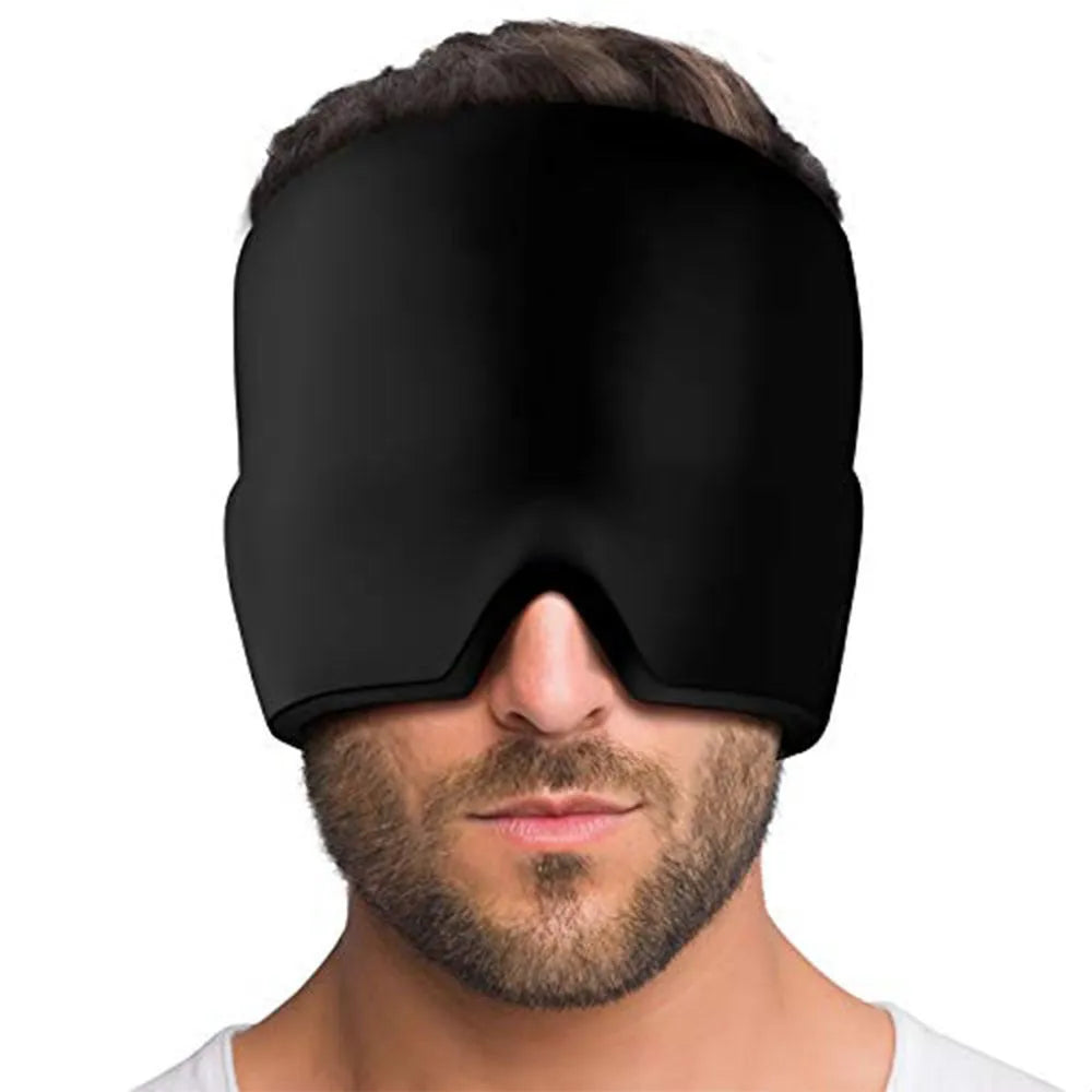 Cold compress hood migraine relief hat, soft gel ice pack eye mask for puffy eyes, black, 360 degree design