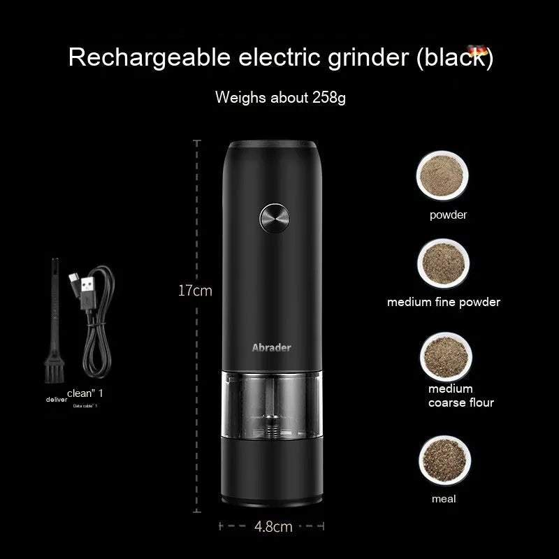 Black and silver electric pepper and salt grinder set with clear acrylic body on a kitchen counter.