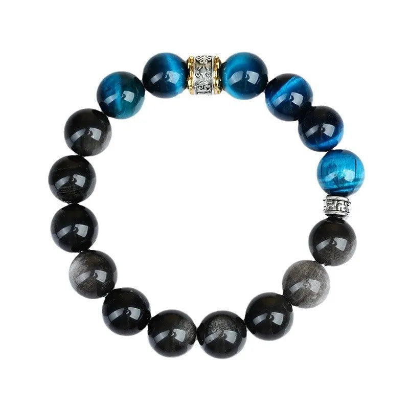 Handmade peacock blue tigereye stone bracelet with geometric design and silver accents