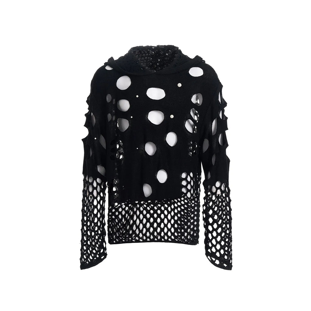 Black men's loose hoodie with pearl decorations on the hood, showing a hollow knit texture.