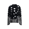 Black men's loose hoodie with pearl decorations on the hood, showing a hollow knit texture.