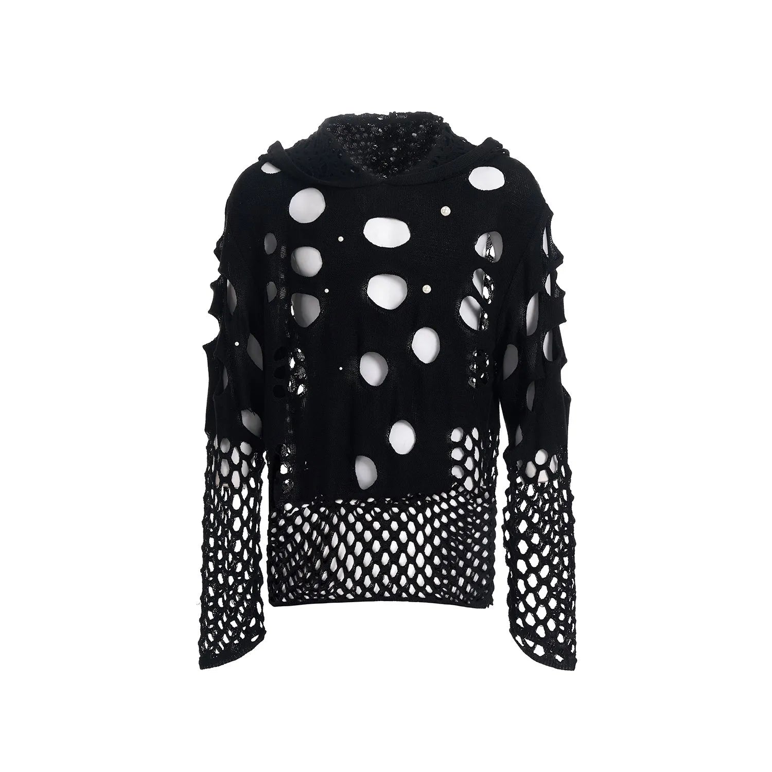Black men's loose hoodie with pearl decorations on the hood, showing a hollow knit texture.
