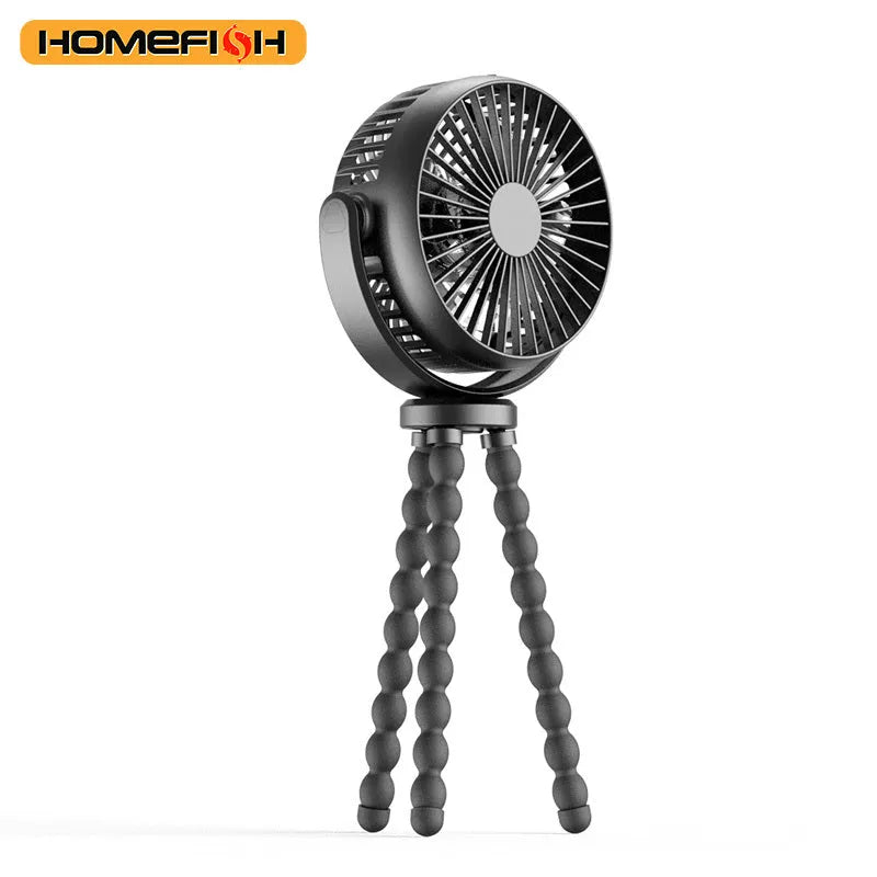 HOMEFISH F2 automatic shake head portable fan with LED light and removable bracket.