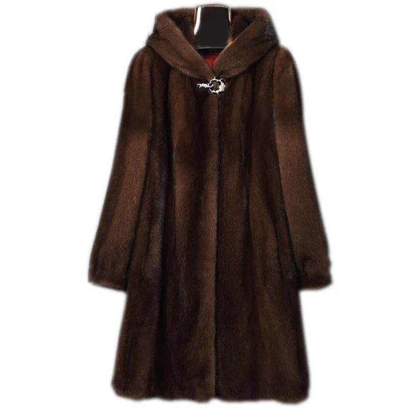 Women's black faux fur hooded casual coat for winter street fashion