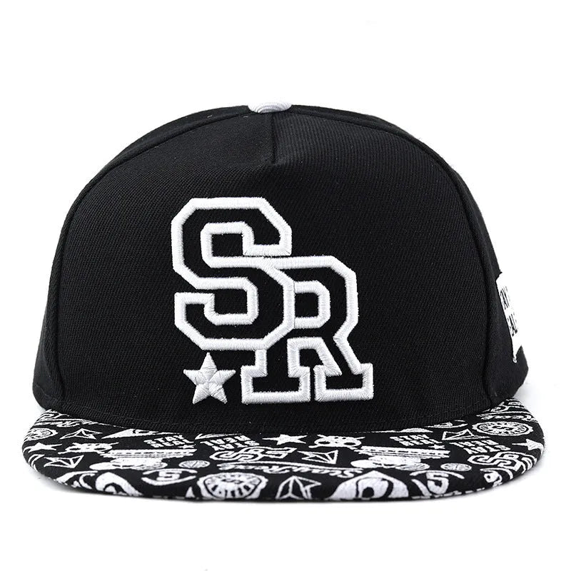 White cotton baseball cap with embroidered lettering on the front, showing the adjustable strap at the back.