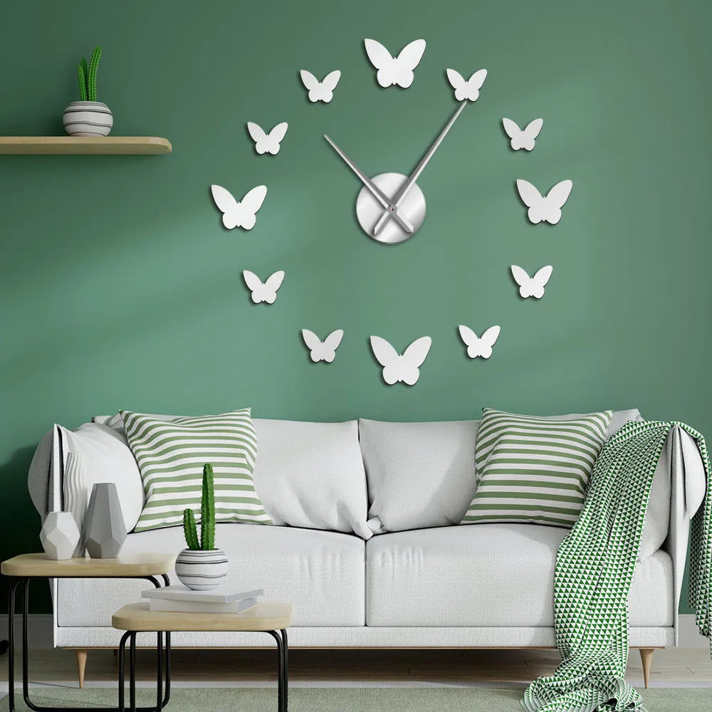 3D mirror wall clock butterfly design round Scandinavian style black gold silver home decor